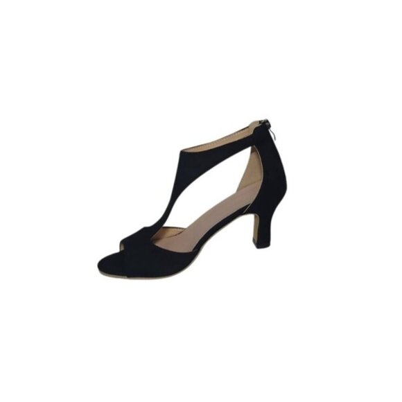Women's black open toe mid heel sandals with zipper closure and cut out design. - Picture 4 of 9